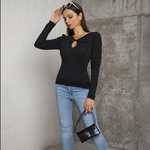 New Boho Solid Black Cutout Ruched Exaggerated Puff Sleeve Blouse Fitted Tee - Picture 3 of 9
